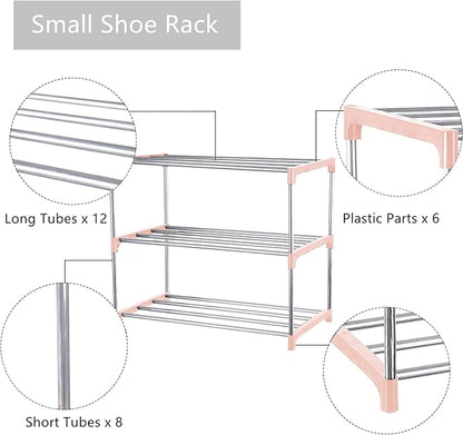 Small Shoe Rack, Narrow Stackable Shoe Shelf Organizer for Entryway, Doorway and Bedroom Closet (3-Tier, Pink)