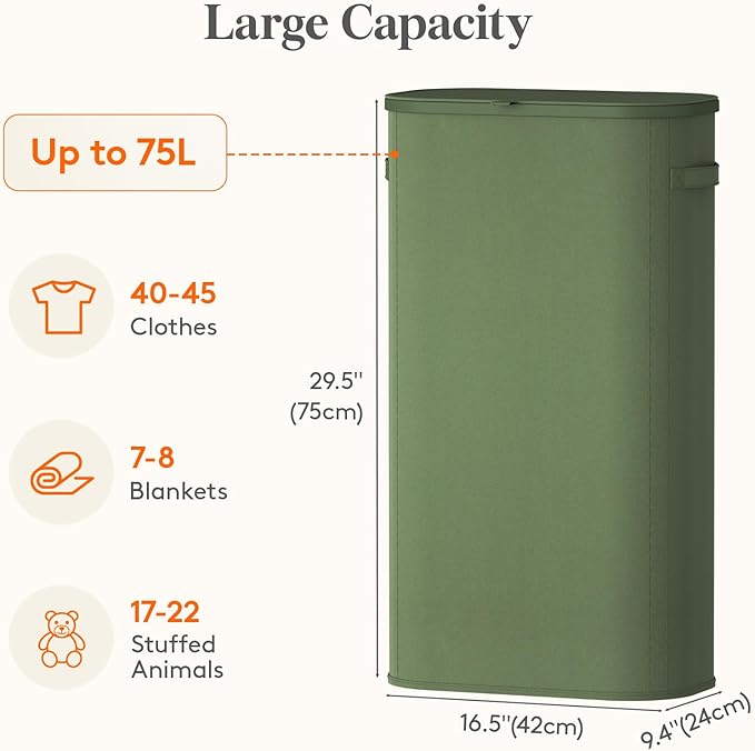 Lifewit Slim Laundry Basket with Lid, Narrow Large Laundry Hamper with Plastic Handles and Removable Bag, Tall Foldable Dirty Clothes Hampers for Laundry Room, Bedroom, Bathroom, Dorm, 75L Green