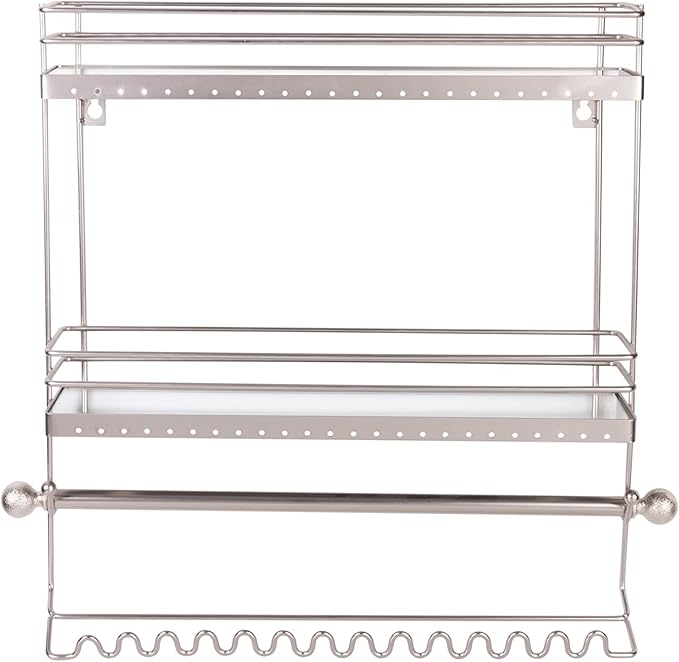 Home Details Wall Mounted Jewelry Organizer | Dimensions: 14.6"x 3.9"x 15.6" | 2 Tier Mirror | Home Organization | Great for Bracelets | Necklaces | Earrings | Mirror Based Shelf | Satin Finish