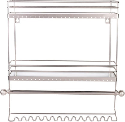 Home Details Wall Mounted Jewelry Organizer | Dimensions: 14.6"x 3.9"x 15.6" | 2 Tier Mirror | Home Organization | Great for Bracelets | Necklaces | Earrings | Mirror Based Shelf | Satin Finish