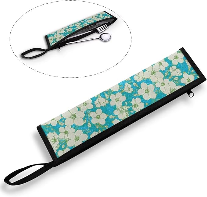 COEQINE White Floral Travel Silverware Chopsticks Carrying Bag Storage Case Storage Leafproof Travel Frok Spoon Knife Case for Work Picnic Travel