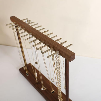 Medium necklace hanger shelf with 12 copper bars, Wooden jewelry storage organizer rack for hanger necklace bracelet, necklace display stand for boutique store【Walnut】