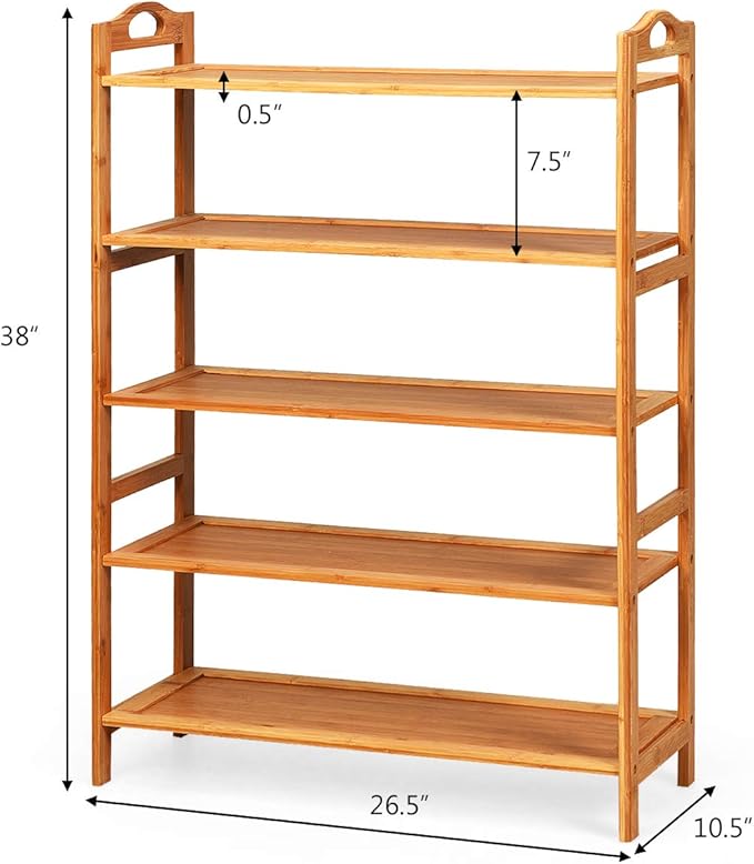Giantex Bamboo Shoe Rack 5 Tier, Freestanding Shoe Rack with Two Rounded Handle for 15 Pairs, Entryway Standing Shoe Storage Organizer for Kitchen, Living Room, Entryway (5-Tier)