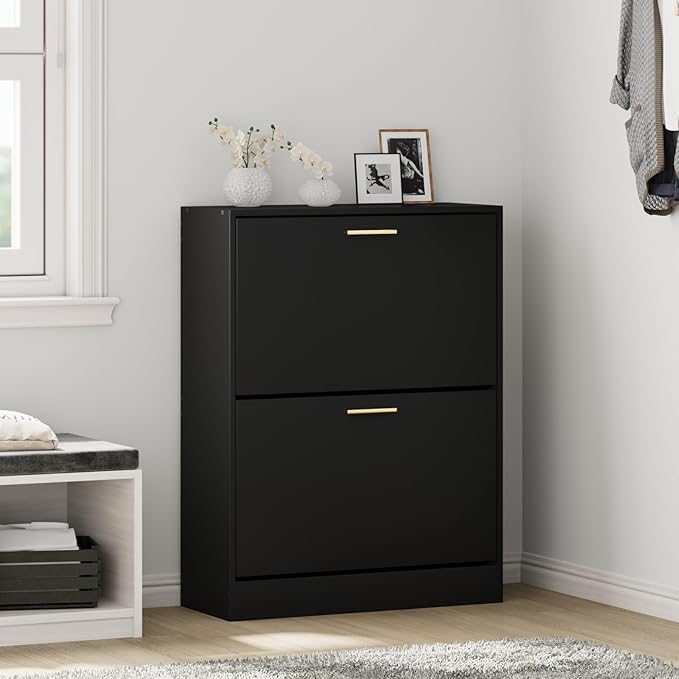 JOZZBY Shoe Cabinet Storage for Entryway, Freestanding Narrow Slim Shoe Organizer Cabinet with 2 Flip Drawers, Wooden Shoe Rack for Hallway, Living Room, Black1