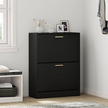 JOZZBY Shoe Cabinet Storage for Entryway, Freestanding Narrow Slim Shoe Organizer Cabinet with 2 Flip Drawers, Wooden Shoe Rack for Hallway, Living Room, Black1