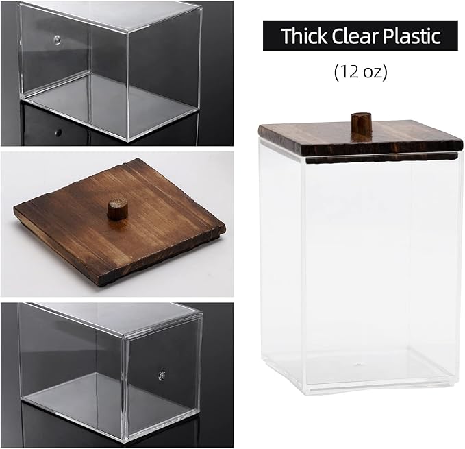 Tbestmax 3 Pack Qtip Holder - 12 oz Bathroom Organizer and Storage Containers, Plastic Square Apothecary Jars with Black Bamboo Lids for Cotton Ball, Cotton Swab, Floss