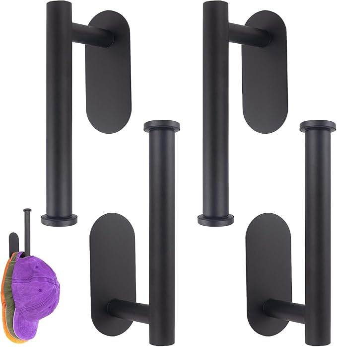 Hat Racks for Baseball Caps, 4 Pack Stainless Steel Adhesive Hat Hanger Hooks Holder for Wall, Multi-Function Hat Storage Organizer Hanger, Hat Hooks Wall Mount for Closet Bedroom Storage, Black