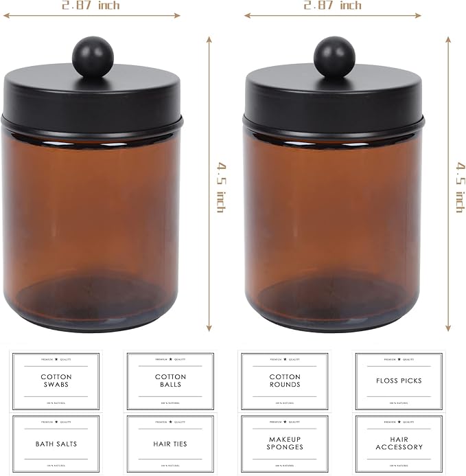 2-Pack Bathroom Apothecary Storage Jars, Vanity Countertop Canister, Glass Jars Q-tip Holder, Cotton Swab Container, Bathroom Storage Container with 8 Pcs Waterproof Labels