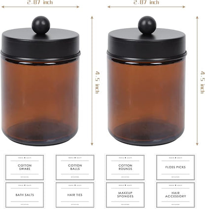 2-Pack Bathroom Apothecary Storage Jars, Vanity Countertop Canister, Glass Jars Q-tip Holder, Cotton Swab Container, Bathroom Storage Container with 8 Pcs Waterproof Labels