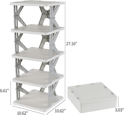 5-Tier Plastic Collapsible Shoe Rack, Small Vertical Shoe Organizer, Gray