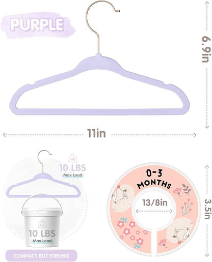 VIS'V Baby Hangers, 11 Inch Velvet Kids Hangers with 6 Pcs Clothes Size Dividers, Infant Toddler Nursery Closet Organization, Non Slip, Lavender, 50 Pcs