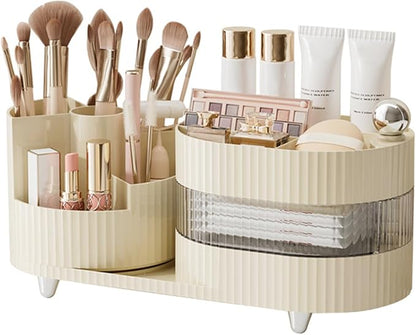 DASITON Makeup Organizer Countertop, 360° Rotating Makeup Brush Holder Organizer, Large Capacity Cosmetic Display Case with Drawers, Makeup Storage Organizer for Vanity, Desktop, Bathroom (Cream 02)