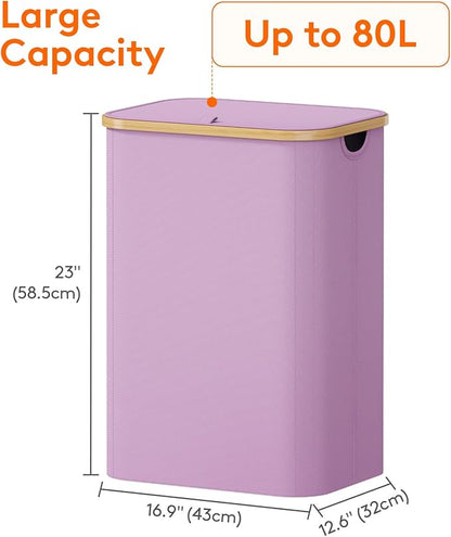 Lifewit 80L Laundry Basket with Lid, Clothes Hampers for Laundry with Bamboo Handles and 1 Removable Bag, Large Foldable Laundry Hamper for Bedroom, Bathroom, Dorm, Laundry Room, Purple