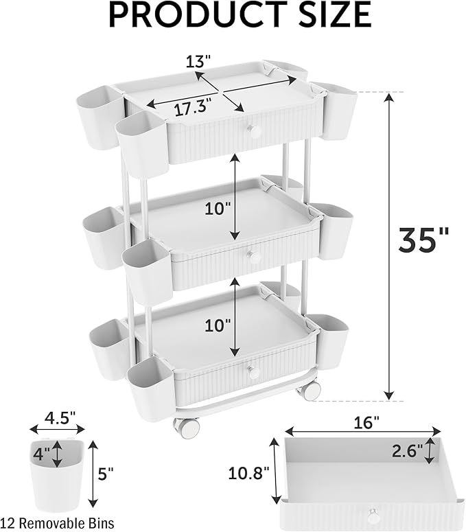 3 Tier Drawer Beauty Cart with 12 Movable Storage Organizer, Thickened ABS & 360° Wheels for Salon Station for Hair Stylist, Beauty Salon, Spa Massage Parlor, Makeup Organizer and More - White
