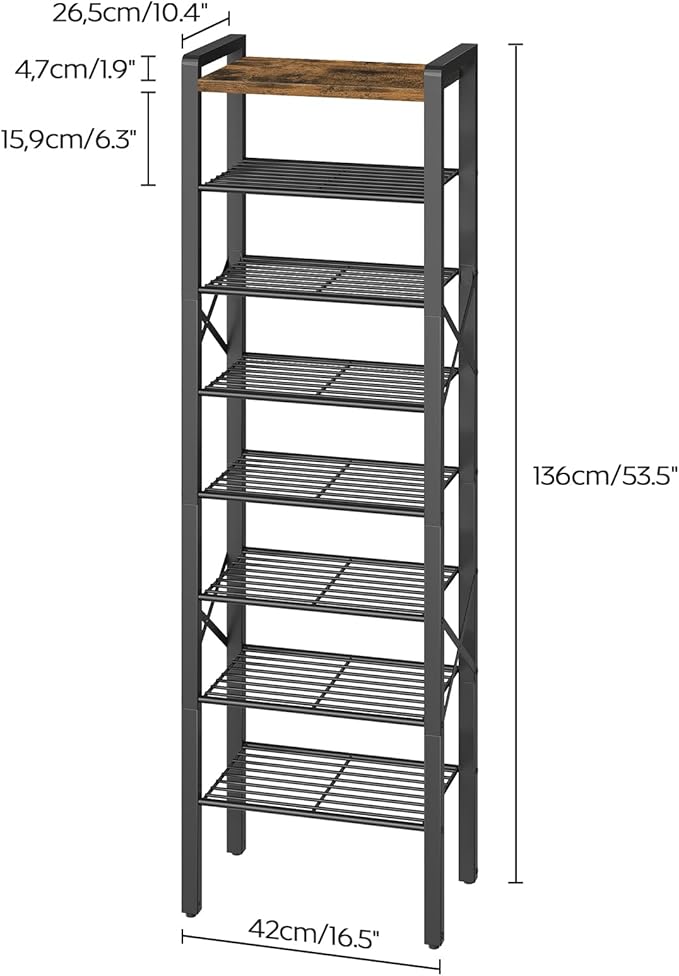YATINEY 8-Tier Narrow Shoe Rack, Tall Shoe Rack for 8-16 Pairs, Slim Shoe Storage Organizer with Wooden Top, Space Saving, Metal Frame, for Entryway, Rustic Brown and Black SS608BR