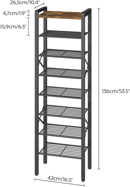 YATINEY 8-Tier Narrow Shoe Rack, Tall Shoe Rack for 8-16 Pairs, Slim Shoe Storage Organizer with Wooden Top, Space Saving, Metal Frame, for Entryway, Rustic Brown and Black SS608BR