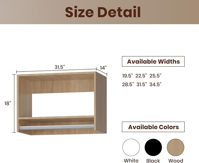 ROOMTEC 31.5" Tall Hanging Closet Unit, Modular Closet System with Hanging Rod, Wardrobe Organizer for Bedroom or Walk-in Closet, Wall Mounted, Customizable Clothes Storage Unit, Wood