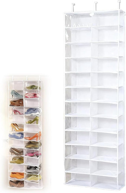 Over The Door Sweatshirt Organizer, Hoodie Organizer For Closet, 26-Pocket Hanging Clear Door Shoe Organizers, Portable Hoodie Storage Organizers - Large 63" x 22" Foldable (White)
