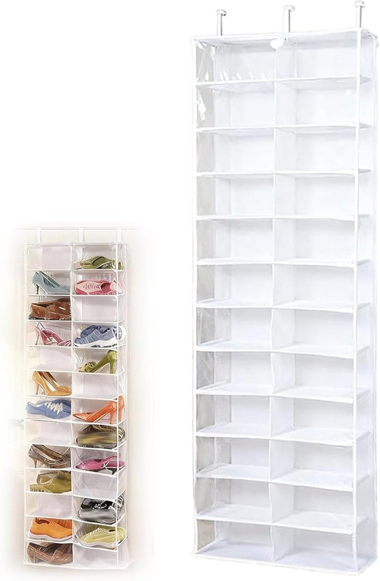 Over The Door Sweatshirt Organizer, Hoodie Organizer For Closet, 26-Pocket Hanging Clear Door Shoe Organizers, Portable Hoodie Storage Organizers - Large 63" x 22" Foldable (White)