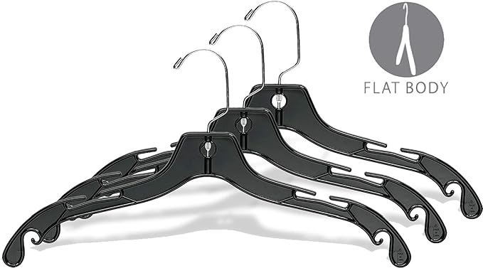 Sturdy Black Plastic Top Hanger, (Box of 25) Durable Space Saving Hangers with 360 Degree Chrome Swivel Hook and Notches for Hanging Straps
