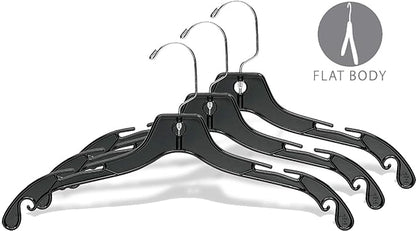Sturdy Black Plastic Top Hanger, (Box of 25) Durable Space Saving Hangers with 360 Degree Chrome Swivel Hook and Notches for Hanging Straps