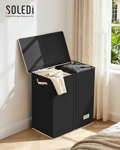SOLEDI Large Double Laundry Hamper with Lid,165L Collapsible Clothes Hamper 2 section with Removable Bags, Space-Saving Laundry Basket for Bedroom, Dorm, College
