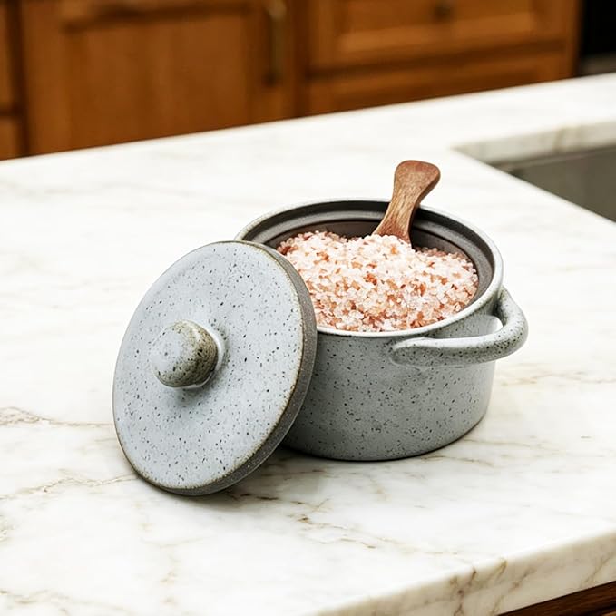 Ceramic Salt Cellar With Lid & Spoon,12oz Salt Container For Countertop,Sugar Bowl,Spice Jar(Gray B)