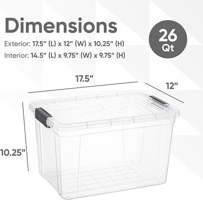 Superio Clear Storage Box with Lid, 26 Quart Plastic Container Bins for Organizing, Stackable Crates, BPA Free, Non Toxic, Odor Free, Organizers for Home, Office, School, and Dorm, 10 Pack