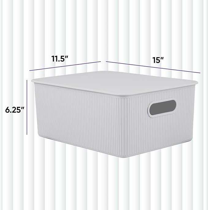 Decorative Plastic Basket Lidded Home Storage Bins Organizer Baskets, Large White Smoke (1 Pack - 15 Liter) Stackable Container Box, for Organizing Closet Storage Bins for Shelves - Ribbed Collection