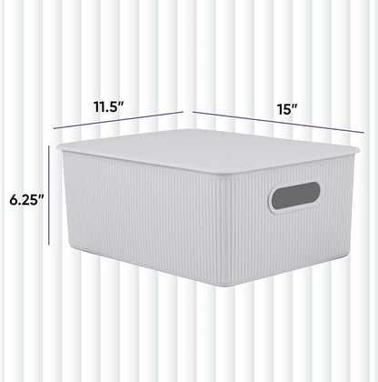 Decorative Plastic Basket Lidded Home Storage Bins Organizer Baskets, Large White Smoke (1 Pack - 15 Liter) Stackable Container Box, for Organizing Closet Storage Bins for Shelves - Ribbed Collection