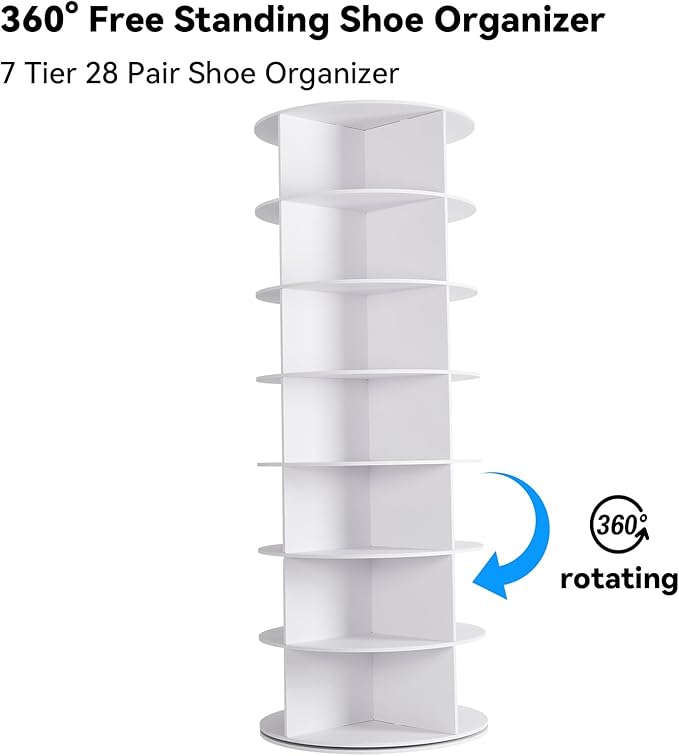 7 Tier Rotating Shoe Rack, Shoe Display with Lazy Susan, Revolving 360 Shoe Tower Storage Round Carousel, Vertical Handbag Rotate Shoes Closet Organization(23.6" W x 63.4" H)