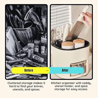 Rotating Kitchen Organizer, Cooking Utensil Holder for Countertop, Seasoning Organizer and Condiment Caddy with Knife Organizer and Spice Containers