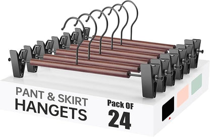Wooden Pants Hangers with Clips 24 Pack, Heavy Duty Adjustable Clip Non Slip Skirt Hanger for Jeans, Trousers, Short, Clothes, Space Saving Closet Organizer (Black, 24 Pack)