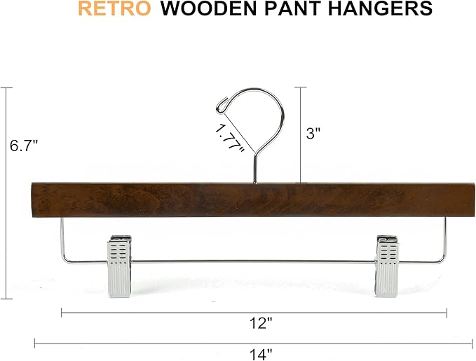 Amber Home 24 Pack Walnut Wooden Pants Hangers with Clips, 14" Wood Skirt & Trousers Hangers, Closet Hangers for Jeans, Slacks, Shorts, with 2-Adjustable Clips (Vintage, 24)
