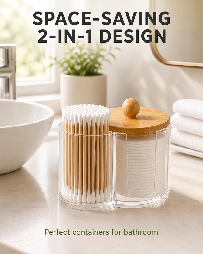 2-in-1 Cotton Round Holder & Cotton Swab Holder with Bamboo Lid - Clear Plastic Cotton Pad Dispenser, Shatterproof Dual Compartment Bathroom Container for Cotton Balls & Vanity Storage