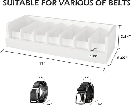 Belt Storage Organizer Box - 7 Grids Bamboo Belt Organizer for Closet | Wooden Belt Tie Hanger Racks for Men Women Drawer | Belt Display Holder Wall Mount with 2 Pcs Tie Clip (White)