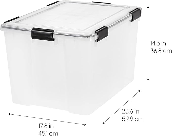 IRIS USA WeatherPro 74 Qt Storage Bins with Lids, 2 Pack, BPA-Free Plastic Gasket Box with Tight Latch and Seal, Stackable Nestable Tote Tub - Clear/Black