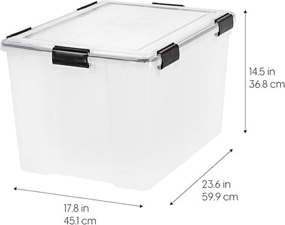 IRIS USA WeatherPro 74 Qt Storage Bins with Lids, 2 Pack, BPA-Free Plastic Gasket Box with Tight Latch and Seal, Stackable Nestable Tote Tub - Clear/Black