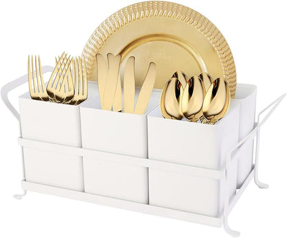 Silverware Caddy Metal Utensil Holder for Party Countertop Silverware Utensil Caddy Cutlery Flatware Organizer for Spoons Forks Plates Napkins White