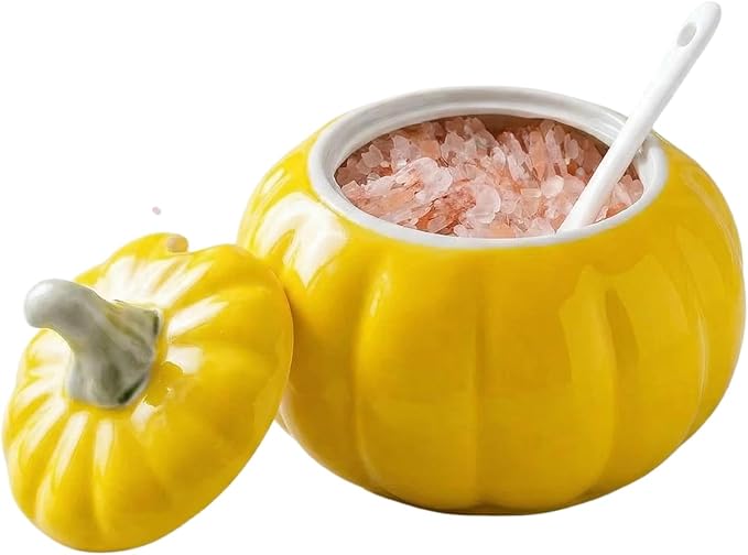 Ceramic Salt Cellar with Lid and Spoon, Salt Holder for Counter, Coffee, Sugar, Spices and Candies, Salt Containers for Countertop (yellow)