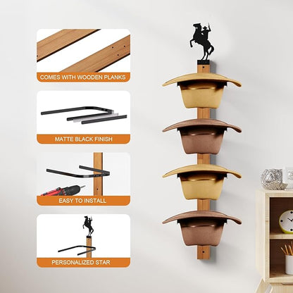 Cowboy Hat Rack, 4 Pieces Hat Rack for Cowboy with Wooden Board, Gift Cowboy Hat Holder Wall Storage-Organizer Western Hats with Style and Ease