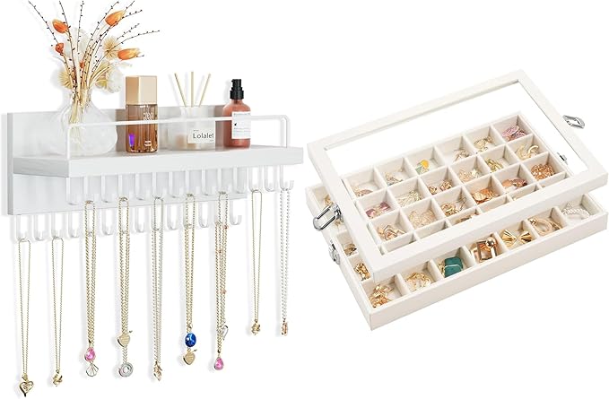 Lolalet Hanging Jewelry Organizer Bundle with 35 Grids Velvet Earring Organizer with Lid