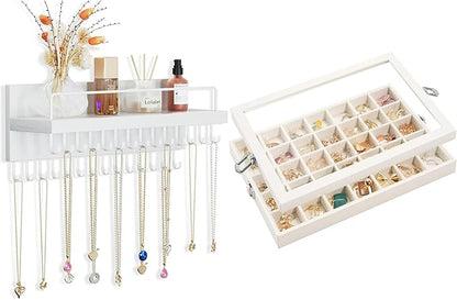 Lolalet Hanging Jewelry Organizer Bundle with 35 Grids Velvet Earring Organizer with Lid