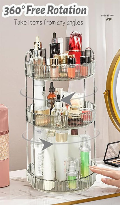 Skincare Organizers 360 Rotating, 3 Tier Round Makeup Organizer Countertop,Holder Rack Large Spinning Cosmetics Display Cases, Perfume Beauty Storage for Vanity, Countertop, Bathroom (Gray)