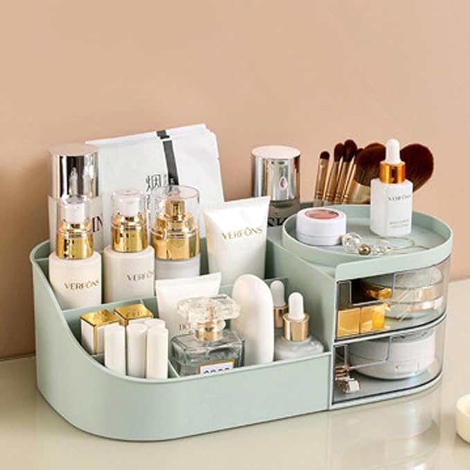 skin care organizer,Makeup Desk Organizer With Drawers,Countertop Organizer for Cosmetics,Vanity brush with Holder for Lipstick, Brushes, Eyeshadow, and Desktop Finishing Dresser (D-greener)