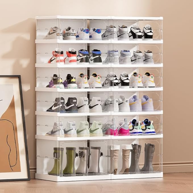 Foldable Shoe Storage Cabinet with Clear Magnetic Doors, 6-Tier No-Assembly Shoe Rack Organizer, Stackable Large Capacity Shoe Box for Entryway, Closet, Fits Boots & Sneakers, (Transparent)