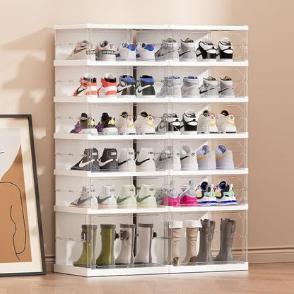 Foldable Shoe Storage Cabinet with Clear Magnetic Doors, 6-Tier No-Assembly Shoe Rack Organizer, Stackable Large Capacity Shoe Box for Entryway, Closet, Fits Boots & Sneakers, (Transparent)