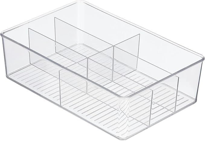 mDesign Plastic Kitchen Cabinet Storage Organizer Bin Box - 6 Divided Sections for Pantry Shelves, Countertops, Island, or Cupboard - Holds Snacks, Tea Bags, Spices, Sauces, Ligne Collection, Clear