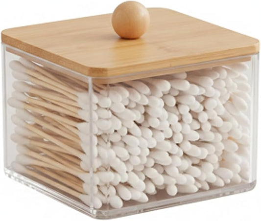 Cotton Swab Holder with Bamboo Lid, Single Layer Cotton Bud Dispenser, Premium Plastic Organizer for Guest Bathroom Vanity, Floss Pick & Hair Tie Storage Container
