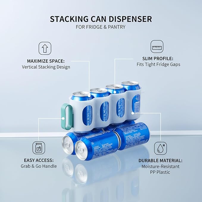 Stacking Can Dispenser for Fridge, Vertical Soda Organizer Rack to Maximize Shelf Space, Slim PP Plastic Storage Holder for Pantry & Kitchen